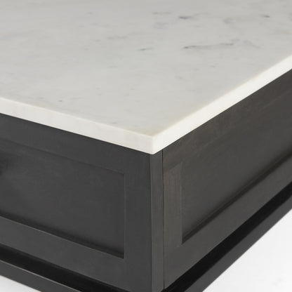 Table d'appoint carrée en marbre noir et blanc de 22 po avec tiroir et étagère