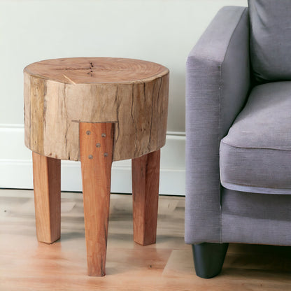 18" Dark Brown And Brown Distressed Reclaimed Wood Round End Table