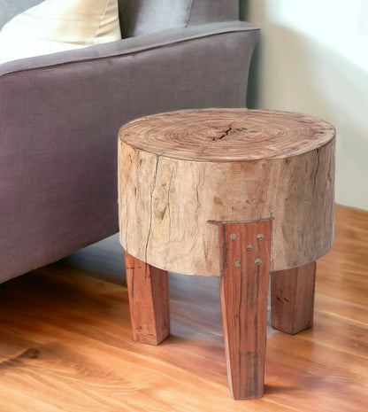 15" Dark Brown And Brown Distressed Reclaimed Wood Round End Table