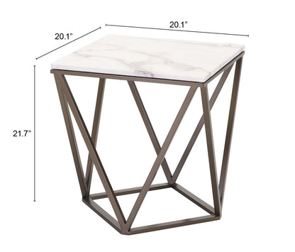 Table d'appoint rectangulaire en laiton antique et pierre blanche de 22 po