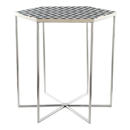 Table d'appoint hexagonale en pierre argentée, noire et blanche de 21 po