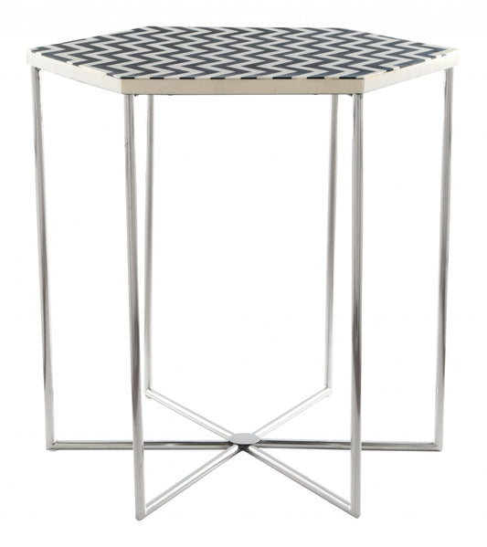 Table d'appoint hexagonale en pierre argentée, noire et blanche de 21 po