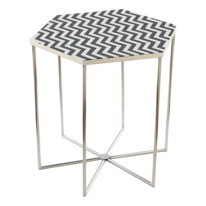 Table d'appoint hexagonale en pierre argentée, noire et blanche de 21 po