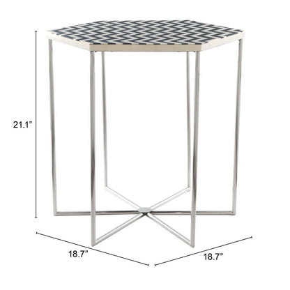 Table d'appoint hexagonale en pierre argentée, noire et blanche de 21 po