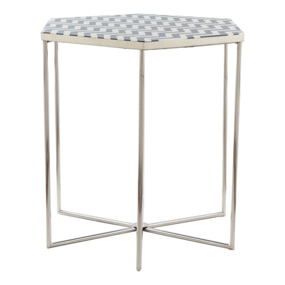 Table d'appoint hexagonale en pierre argentée, noire et blanche de 21 po