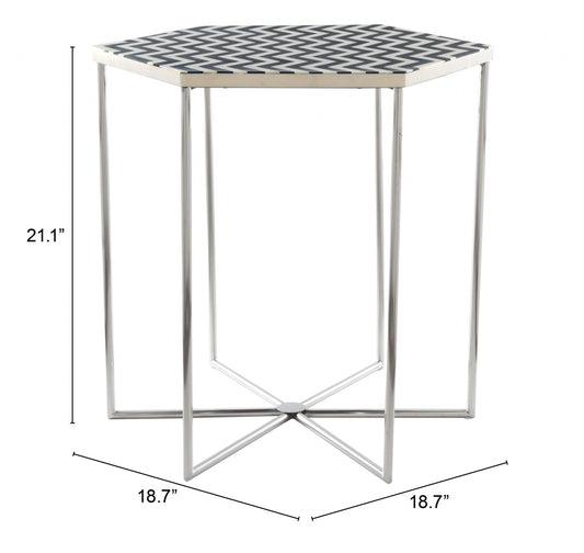 Table d'appoint hexagonale en pierre argentée, noire et blanche de 21 po