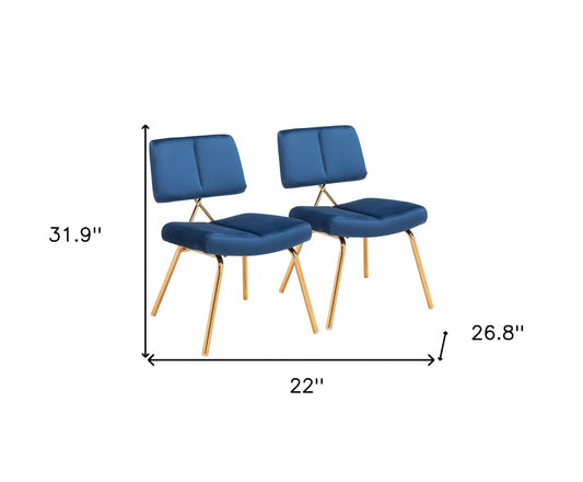 Ensemble de deux chaises de salle à manger à dossier ouvert en velours bleu et doré