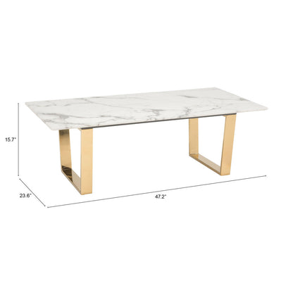 Table basse en faux marbre et acier blanc et doré de 47 po