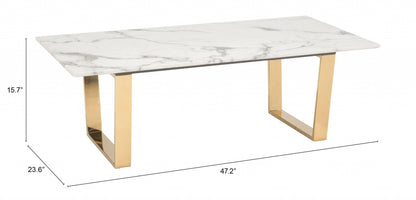 Table basse en faux marbre et acier blanc et doré de 47 po