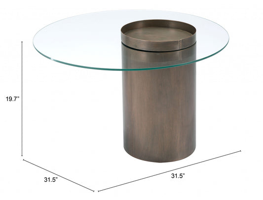 Ensemble de deux tables basses rondes en verre et acier transparent et doré antique de 32 po