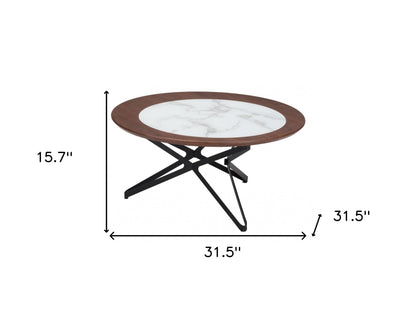 Ensemble de deux tables basses rondes de 32 po en bois, verre et acier, marron, blanc et noir