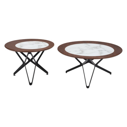 Ensemble de deux tables basses rondes de 32 po en bois, verre et acier, marron, blanc et noir