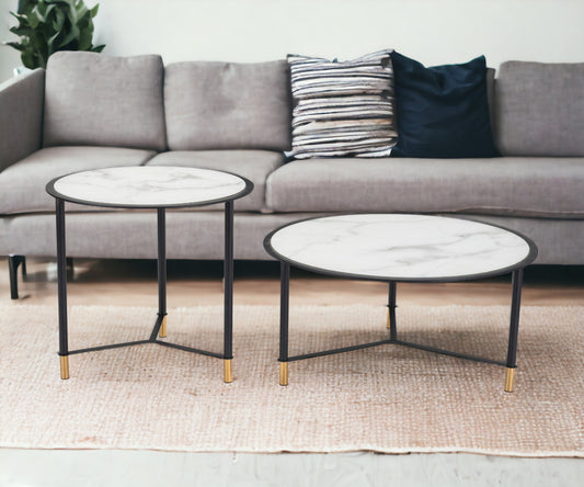 Ensemble de deux tables basses rondes en verre blanc et noir de 32 po en faux marbre et acier