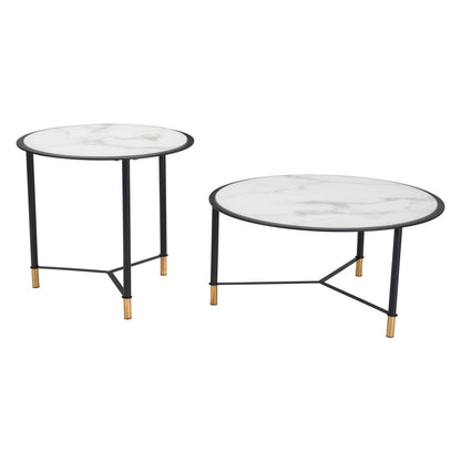 Ensemble de deux tables basses rondes en verre blanc et noir de 32 po en faux marbre et acier