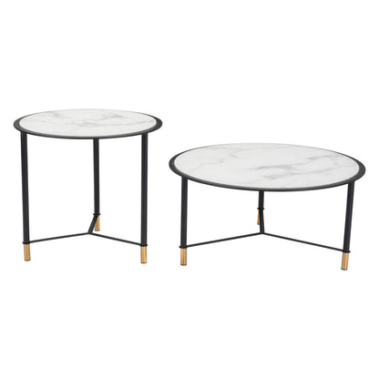 Ensemble de deux tables basses rondes en verre blanc et noir de 32 po en faux marbre et acier