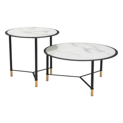 Ensemble de deux tables basses rondes en verre blanc et noir de 32 po en faux marbre et acier