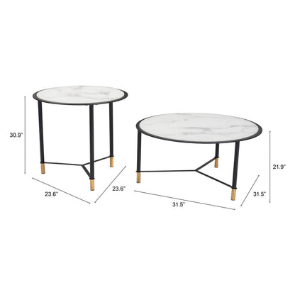 Ensemble de deux tables basses rondes en verre blanc et noir de 32 po en faux marbre et acier