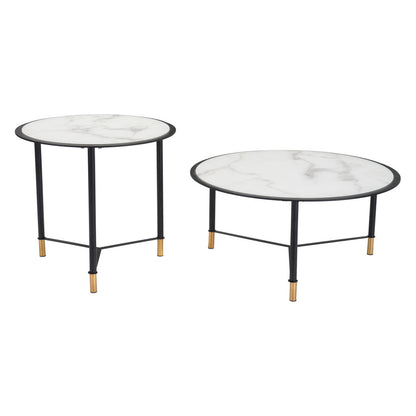 Ensemble de deux tables basses rondes en verre blanc et noir de 32 po en faux marbre et acier