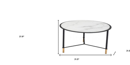 Ensemble de deux tables basses rondes en verre blanc et noir de 32 po en faux marbre et acier