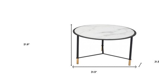 Ensemble de deux tables basses rondes en verre blanc et noir de 32 po en faux marbre et acier