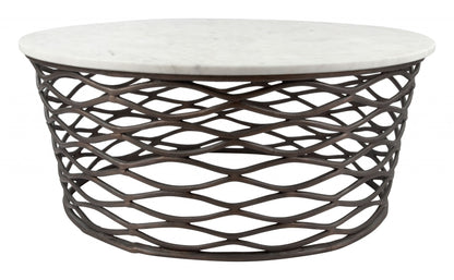 Table basse ronde en marbre véritable et aluminium blanc et bronze antique de 36 po