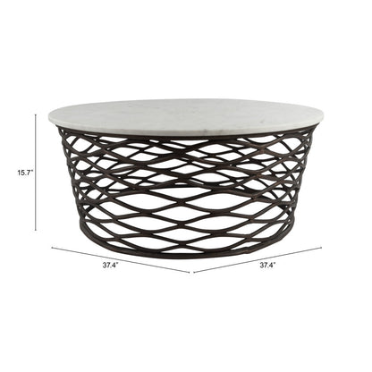 Table basse ronde en marbre véritable et aluminium blanc et bronze antique de 36 po