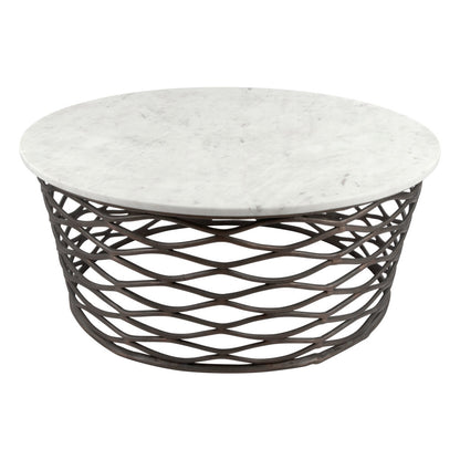 Table basse ronde en marbre véritable et aluminium blanc et bronze antique de 36 po