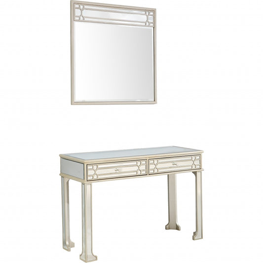 48" Champagne Mirrored Glass Console Table And Drawers