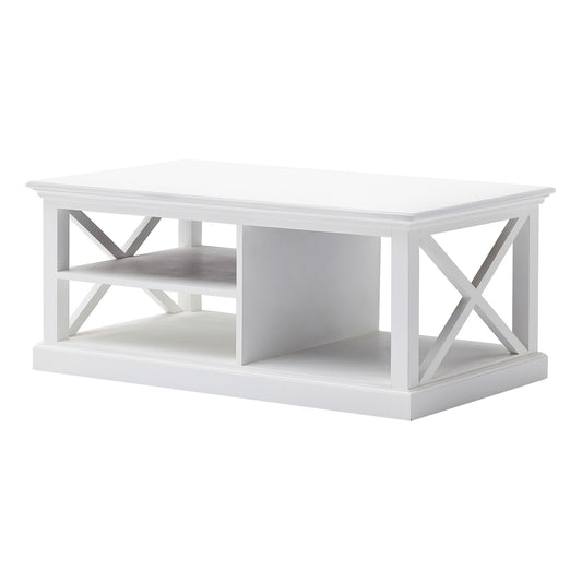 Table basse en bois massif blanc et bois massif et manufacturé de 47 po avec trois étagères