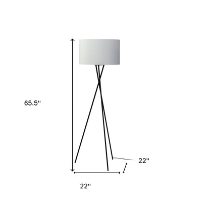 Lampadaire trépied noir de 66 po avec abat-jour tambour en tissu blanc