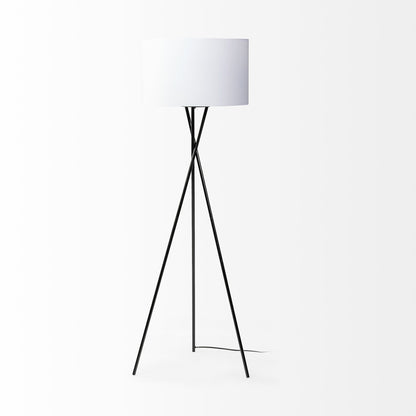 Lampadaire trépied noir de 66 po avec abat-jour tambour en tissu blanc