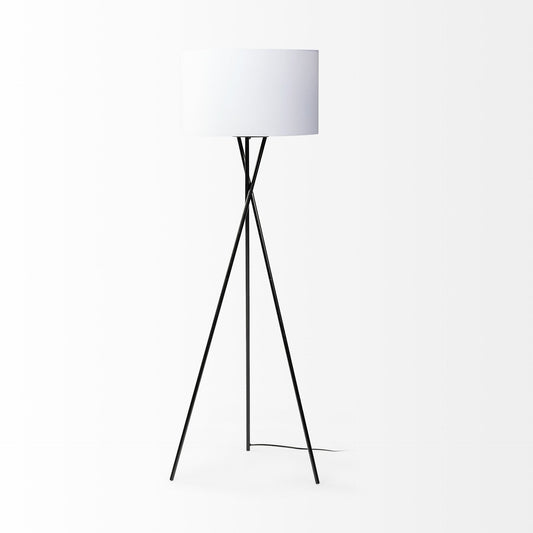 66" Black Tripod Floor Lamp With White Fabric Drum Shade