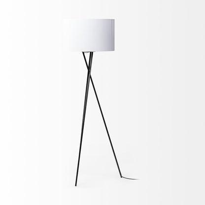 Lampadaire trépied noir de 66 po avec abat-jour tambour en tissu blanc