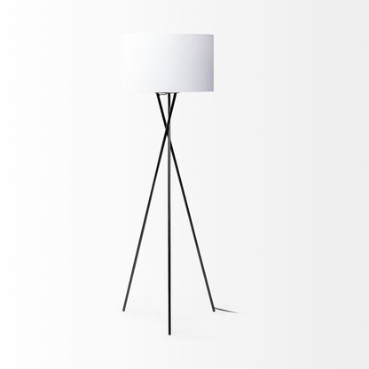 Lampadaire trépied noir de 66 po avec abat-jour tambour en tissu blanc