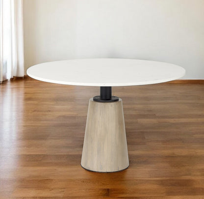 48" White And Natural Rounded Marble Pedestal Base Dining Table