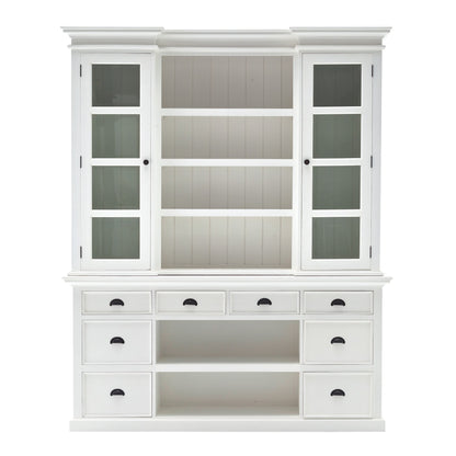 87" White Wood Bookcase with Glass Doors Drawers and Baskets