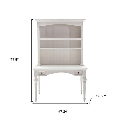 Bureau d'ordinateur en bois massif blanc de 47 po avec huche et deux tiroirs