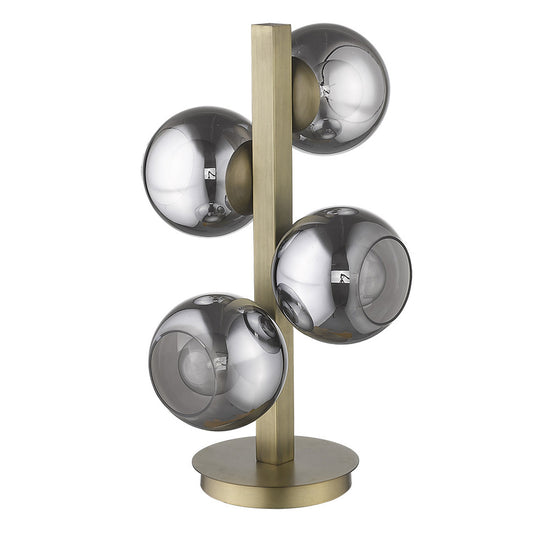 24" Brass Metal Four Light Novelty Table Lamp With Silver Metallic Globe Shades