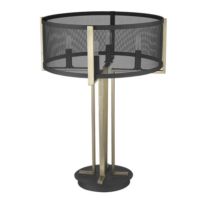 25" Brass Metal Four Light Geometric Table Lamp With Black Drum Shade