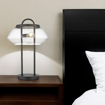 24" Black Metal Two Light Table Lamp With Clear Novelty Shade