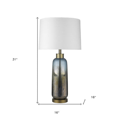 Lampe de table en acier et verre bleu de 31 po avec abat-jour empire blanc