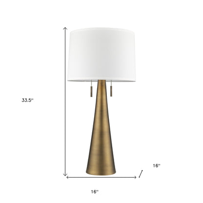 Lampe de table à deux lumières en métal et laiton de 34 po avec abat-jour empire blanc