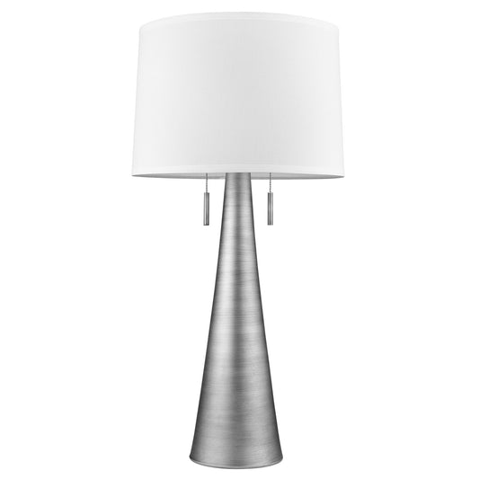 Lampe de table à deux lumières en métal argenté de 34 po avec abat-jour empire blanc