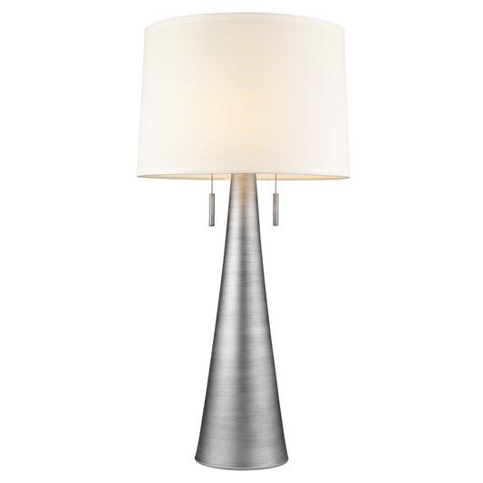 Lampe de table à deux lumières en métal argenté de 34 po avec abat-jour empire blanc