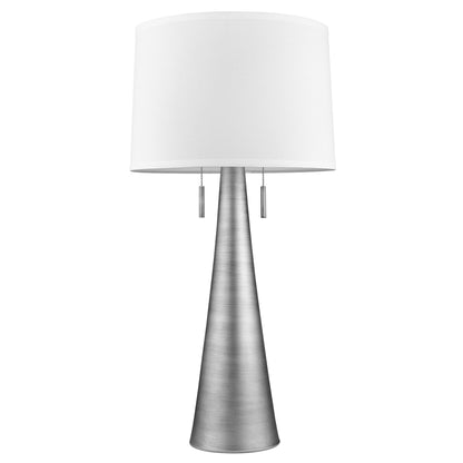 Lampe de table à deux lumières en métal argenté de 34 po avec abat-jour empire blanc