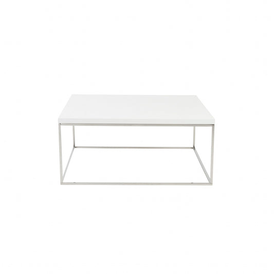 Table basse carrée en métal blanc et argent de 35 po