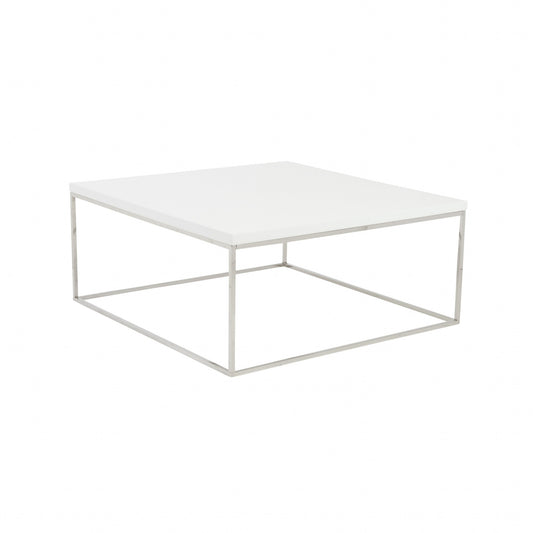 Table basse carrée en métal blanc et argent de 35 po