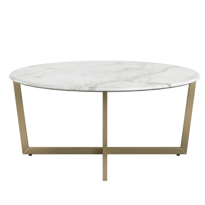 Table basse ronde en faux marbre blanc et doré de 36 po