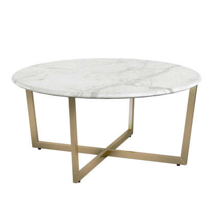 Table basse ronde en faux marbre blanc et doré de 36 po