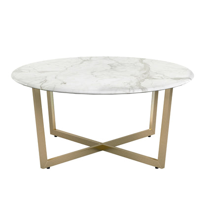 Table basse ronde en faux marbre blanc et doré de 36 po